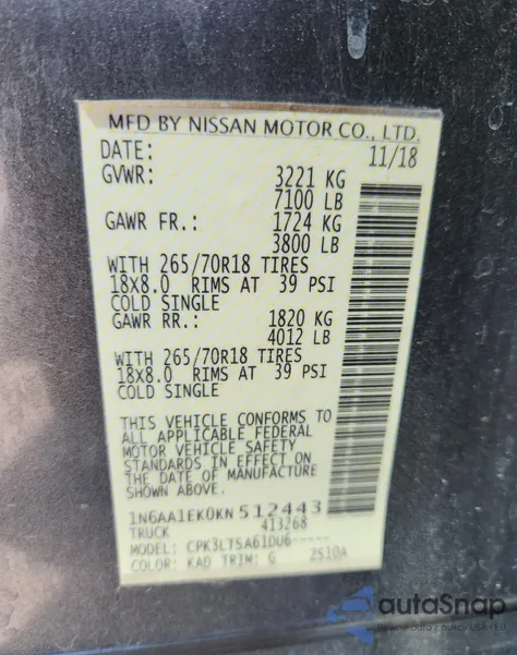 2019 Nissan Titan S из США, поврежденный, VIN 1N6AA1EK0KN512443